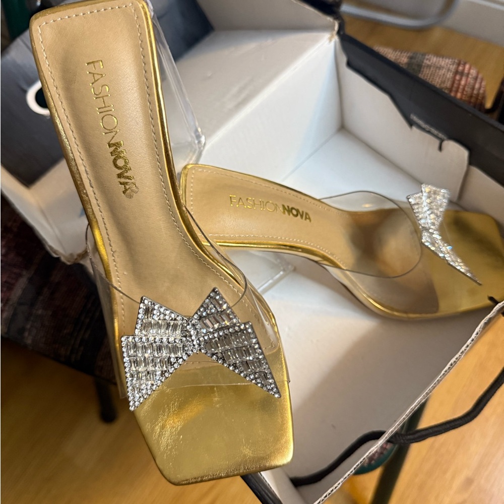 Fashion Nova Gold Heels with Silver Bow